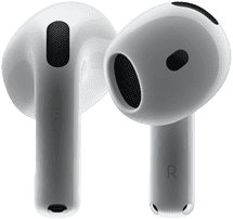 ฮาร์ดแวร์ AirPods 4, แสดงมุมมองด้านหน้าและด้านหลังที่แสดงให้เห็นถึงดีไซน์ใหม่