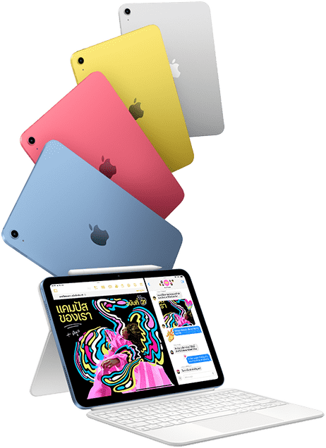 iPad สีฟ้า สีชมพู สีเหลือง และสีเงิน และ iPad หนึ่งเครื่องที่ติดเข้ากับ Magic Keyboard Folio