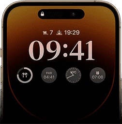มุมมองด้านหน้าของ iPhone 14 Pro ที่แสดงจอภาพแบบติดตลอดที่มีเวลา วันที่ วิดเจ็ต 4 ตัว และอื่นๆ