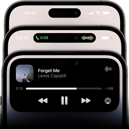 หน้าจอ iPhone 14 Pro แสดงสถานะของ Dynamic Island ที่ต่างกัน 3 แบบ