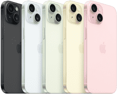 มุมมองด้านหลังของ iPhone 15 แสดงระบบกล้องสุดล้ำและกระจกแต่งสีในทุกสี ได้แก่ สีดำ สีฟ้า สีเขียว สีเหลือง และสีชมพู