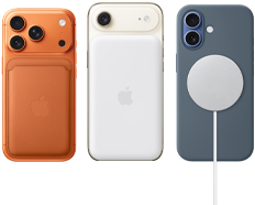 iPhone 17 Pro, ภายนอกด้านหลัง, สีส้มคอสมิค, ใส่อยู่กับเคสซิลิโคนสีน้ำตาลเซียนนาและเคสผ้า FineWoven แบบกระเป๋าสตางค์สีส้มจิ้งจอกพร้อม MagSafe, iPhone Air, ภายนอกด้านหลัง, สีทองอ่อน, พร้อมแบตเตอรี่ MagSafe, iPhone 17, ภายนอกด้านหลัง, สีฟ้าหมอก, ใส่อยู่กับเคสซิลิโคนสีน้ำเงินแองเคอร์บลูและที่ชาร์จ MagSafe