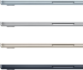 ภายนอกด้านข้างของแล็ปท็อป MacBook Air จำนวน 4 เครื่อง ซึ่งแสดงสีสันที่แตกต่างกัน 4 สี
