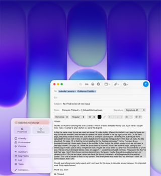 หน้าจอ MacBook Neo, กำลังใช้เครื่องมือการเขียนของ Apple Intelligence ในแอปเมลเพื่อแก้ไขหนึ่งย่อหน้ายาวในอีเมลที่มีความคิดเห็นเกี่ยวกับสิ่งพิมพ์